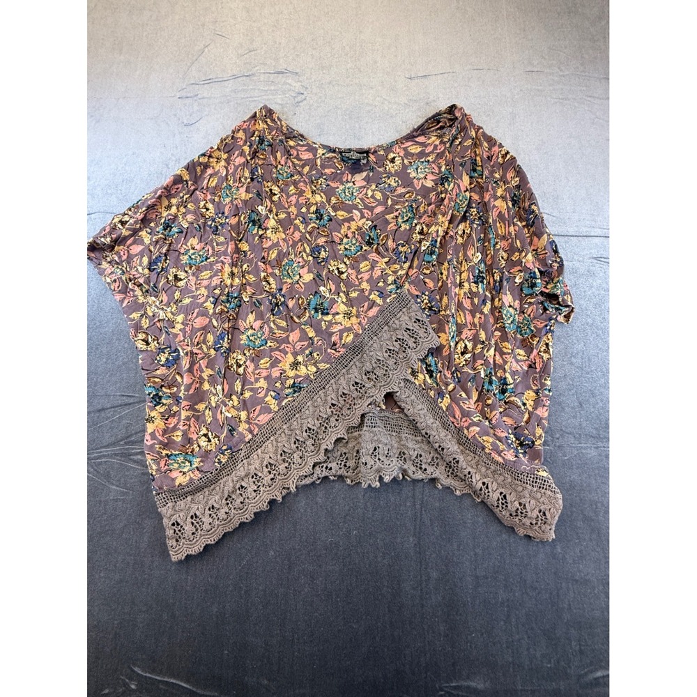 Angie Floral Crochet Lace Trim Vest Cape Shawl Purple Boho Rayon Small